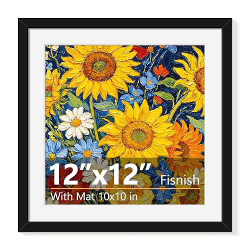 Fisnish 12x12 Picture Frame for 30x30 Diamond Art Frame Display Pictures 10x10 with Mat or 12 x 12 without Mat for Wall Mounting Black