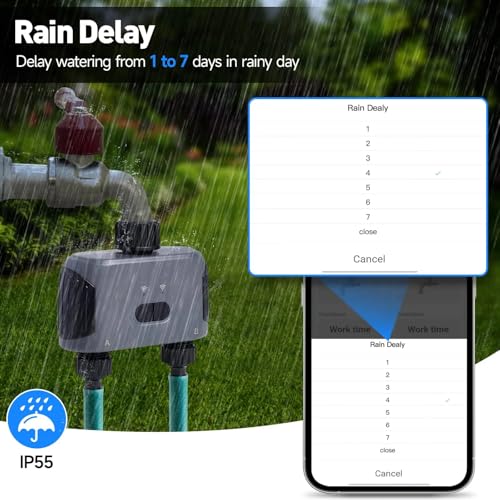 Timer per acqua, timer per irrigazione WiFi a doppia porta, timer automatico intelligente con controllo app, ritardo pioggia e visualizzazione del livello della batteria