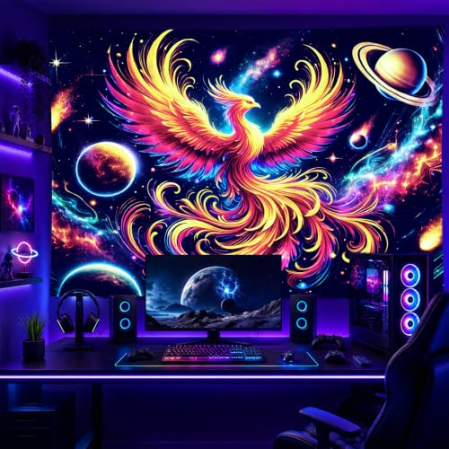 Image of BlissYard Phoenix Blacklight Tapestry 78x59 Inch Rainbow Rising UV Reactive Wall Hanging Cosmic Galaxy Scene Glow in Dark Backdrop Luminous Blacklight Tapestry Psychedelic Art
