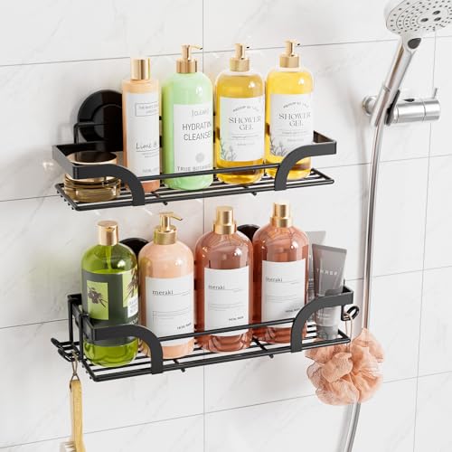 Image of TAILI Shower Caddy Suction Cup 2 Pack, Heavy Duty Bathroom Basket, Black | Bath Shelves for Inside, Stainless Steel Shower Holder, Do Drill Shower Shelves