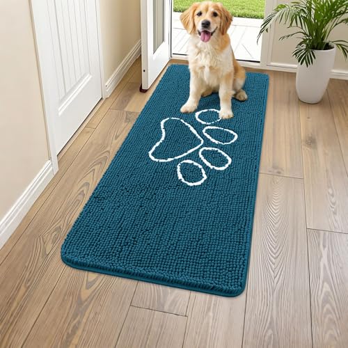 Image of Smiry Dog Door Mat for Muddy Paws, Absorbent Dirt Trapper Non Slip Quick Dry Washable Chenille Mat for Mud Dogs, Entry Rug for Indoor and Outdoor (47x24 Inches, Atlantic Blue and White)