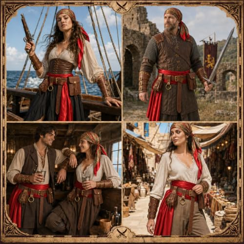 Image of Renaissance Pirate Belt Pouch with Coin Purse Skirt Hike Bracers | 8pack Medieval Viking Pirate Belt Pouch for Halloween Cosplay Ren Faire Accessories,Brown.