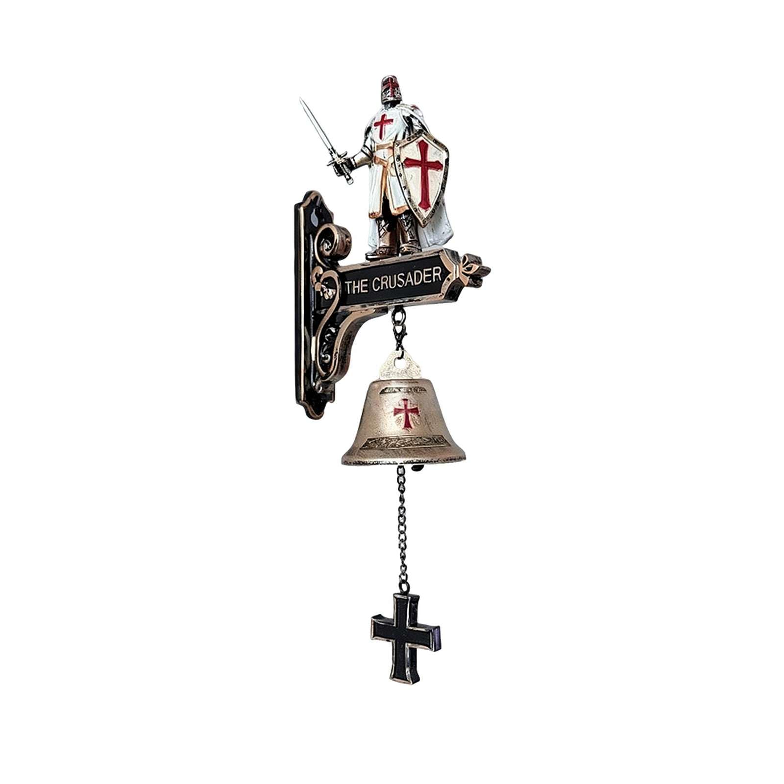 Medieval Crusader Doorbell Knight Figurine Gothic Wall Bell for Entryway, Retro Resin Knight Sculpture with Metal Bell for Man Cave Bar, Unique Castle Themed Decor for History Enthusiast Gift