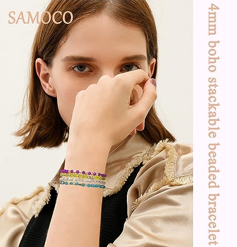 SAMOCO 28Pcs Boho Beaded Bracelets for Women Colorful Stackable Sparkly Crystal Beads Bracelets Multi-Layer Versatile Statement Bracelets Stretch Cuff Jewelry Gifts3