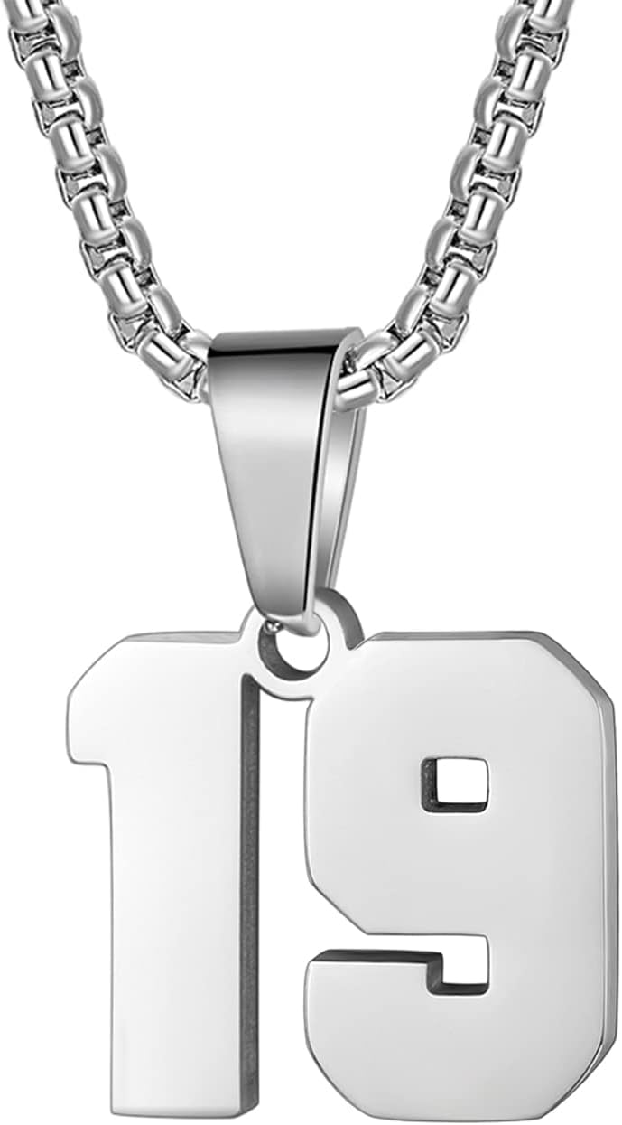 Number Necklace for Boy Silver Stainless Steel Athletes