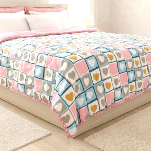 Image of BENAVJI Single Bed Comforter, Reversible Soft Microfiber AC Comforter, All Season Lightweight Quilt Blanket, Pink Heart Check