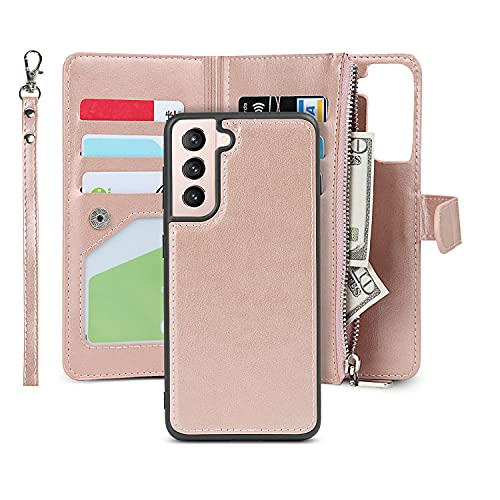 iCoverCase for Samsung Galaxy S21 5G Wallet Case with Card Holder, 2 in 1 PU Leather Case with Magnetic Clasp Zipper S Rose Gold