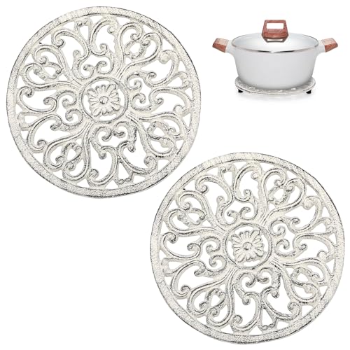 Sumnacon 2Pcs Round Cast Iron Trivets - 6.7 Inch Heat Resistant Iron Trivets for Hot Dish Pot Pan Plate Teapot, Rustic Cast Iron Hot Dish Plate Holder for Kitchen Dining Table Countertop Cooktop,White