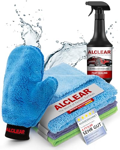 ALCLEAR 8201050 Autopflegeset für Tiefenglanz, mit Lack & Scheiben Trockentuch, Auto Poliertuch, Lackversiegelung, Felgenhandschuh, Cockpittuch