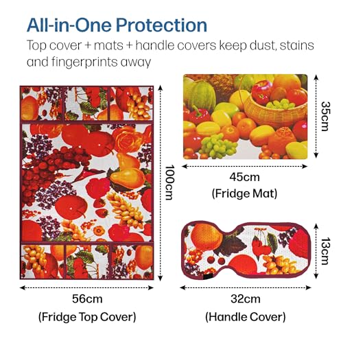 Image of Kuber Industries PVC Fridge Organizer Set, (Fridge Mat, 2 pcs Refrigerator Handle & 1 Refrigerator Top Cover) | Top & Handle Cover and Mat | Print - Fruit