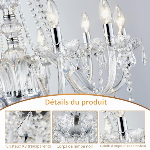WUZUPS Lustre moderne à 10 lumières, suspension encastrée, luminaire moderne pour chambre, couloir, bar, cuisine, salle de bain, H 77 cm x L 68 cm, chromé, culot E14 – vue 3