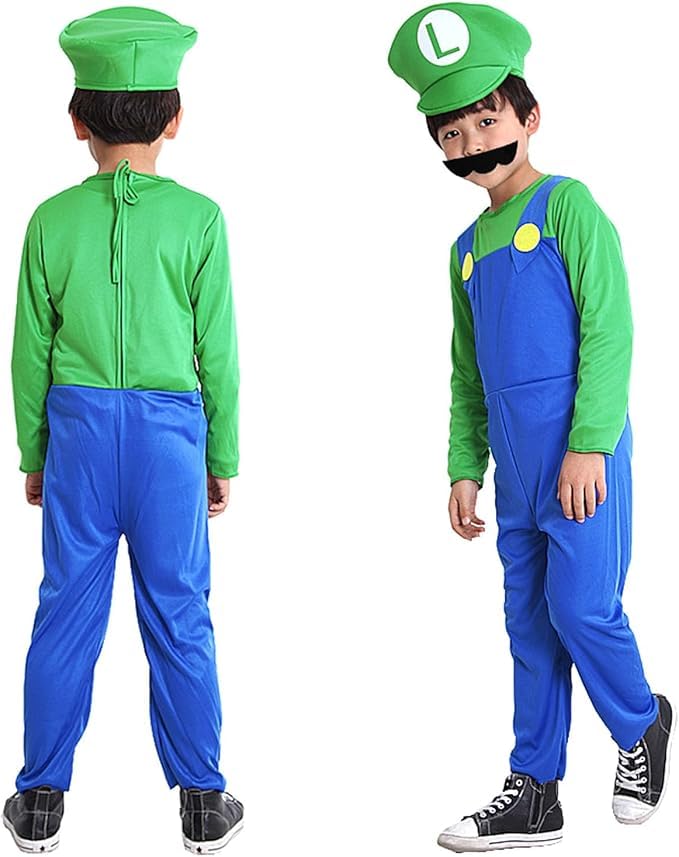 Yisound123 Costume for 3-12,Costume Game Outfit Fancy Dress Up Jumpsuit Bodysuit Cosplay with Hat Gloves Moustaches (Red(3-4)) (Green - Image 2