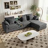 MAKIAAP 114' Corduroy Sectional Modular Couch with Speakers, L Shaped Couches Comfy Deep Sofa with Console, USB Charger, Cup Holders, Storage, Ottoman for Living Room (Gray, 114in)