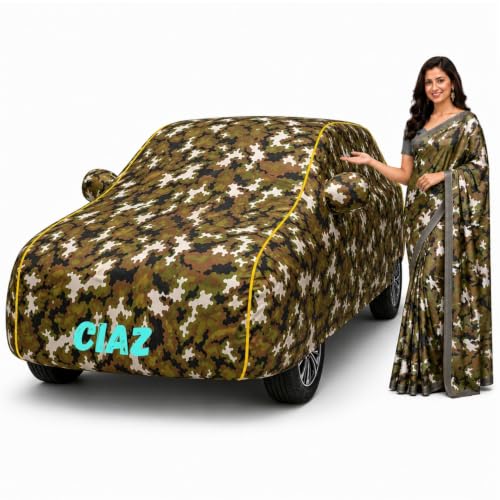 Image of Waterproof Car Body Cover for Ciaz All Weather Protection Comes with Inner Cotton Lining & Triple Stitched with Mirror & Antenna Pocket Belt & Elastic Fit Army with Yellow Piping