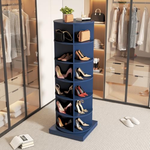 Image of HKLYRHIMO Rotating Storage Rack-American Design White-7-Tier Spinning Storage Rack,Free Standing 360 Revolving Shoe Organizer-for Bedroom,Livingroom,Hallway. (Blue,6-Tier with Base)
