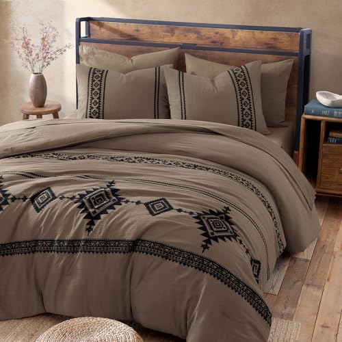 Image of MaiReve Embroidery Queen Comforter Set 7 Pieces Taupe Grey Bed in a Bag