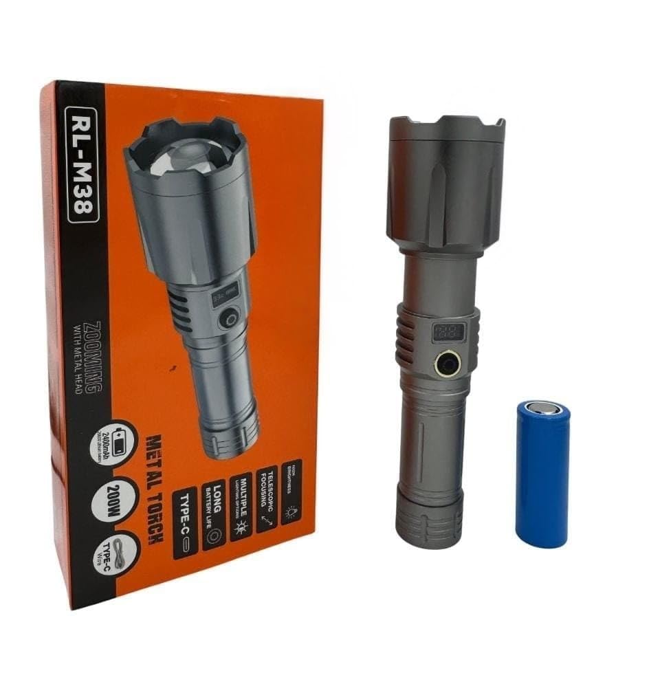 RL-M38 Professional 200W LED Torch Light | Heavy Metal Body | Zoomable Long Range Beam | 2400mAh Rechargeable | Type-C Torch-image-8