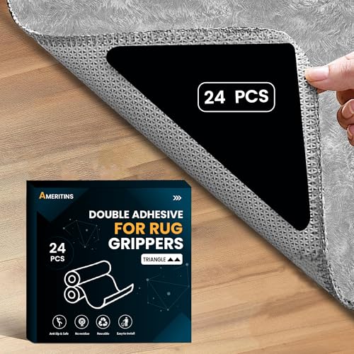 AMERITINS Rug Gripper Pack of 24 Rug Grippers for Laminated floor Triangle Pads for Wooden Laminate Floors Non-Slip Washable Carpet Tape for Corners