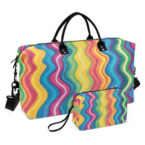 ​​Large Foldable Travel Duffel Bag, Waterproof Gym Bag for Men & Women, Carry-On Luggage Weekender Overnight Bag, Rainbow Lines