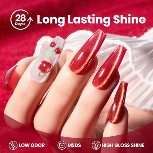 Image of Beetles Red Cat Eye Gel Nail Polish - 15ML Cherry Red Glass Magnetic Cat Eye Glitter Gel Polish with Gold Powder Soak Off UV Twilight Toast Collection Nail Art Design Manicure Gifts for Women