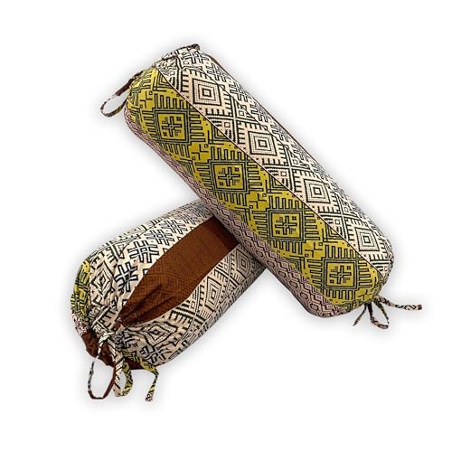 Image of Swayam Set of 2 Pure Cotton Bolster Cover | 30x30 Inch | Soft Breathable Masnad Cover 200TC | Durable & Washable | Motif Print Bolster Cover for Diwan, Bed & Sofa - Brown & Yellow