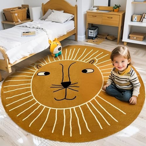 Image of USTIDE Large Kids Rug Round Lion Play Mat 5.2ft, Super Soft Animal Area Rug Round Boys Girls Bedroom Playroom Nursery Room Rug