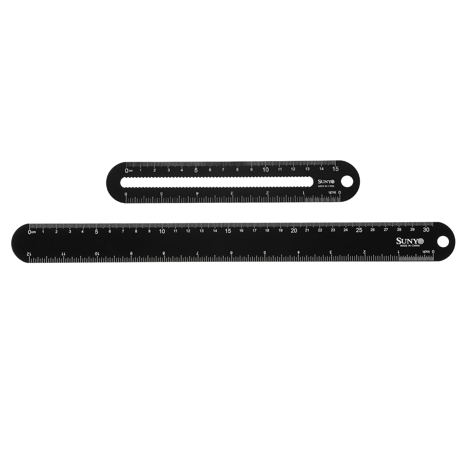 sourcing map 2pcs Metal Straight Ruler 30cm/12"+15cm/6" Metric SAE Aluminum Alloy Rounded-Edge Hollow Wave Measuring Rulers Scale Tools for Measure Study Reading Classroom Office, Black