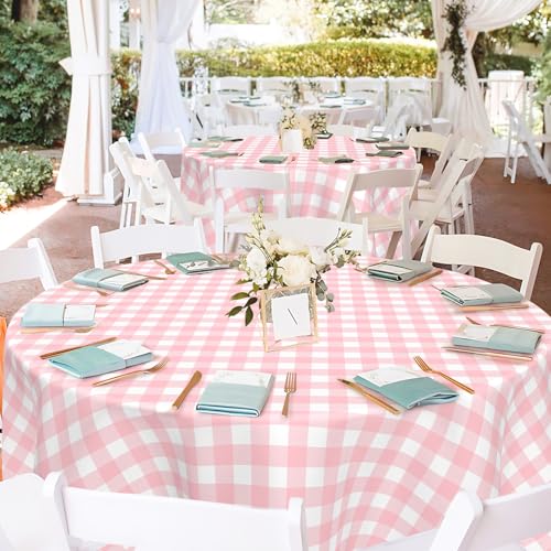 Image of Mulbozy 2 Pcs Pink Gingham Round Plastic Tablecloth Disposable, 84 inch