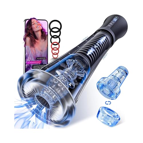 Male Masturbator Penis Pump - Transparent Visual Male Sex Toys for Men, APP Control Vibrating Spring & Power Suction with 2 Replaceable Sleeves & 6 Penis Rings for Masturbation Glans Trainer