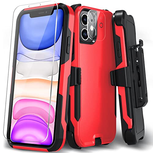 Xmon Case for iPhone 11, Heavy Duty Rugged Case Belt Clip Holster Protective Cover [Shockproof] [Tempered Glass Screen Protector+Camera Lens Protector] for Apple iPhone 11 (Red)