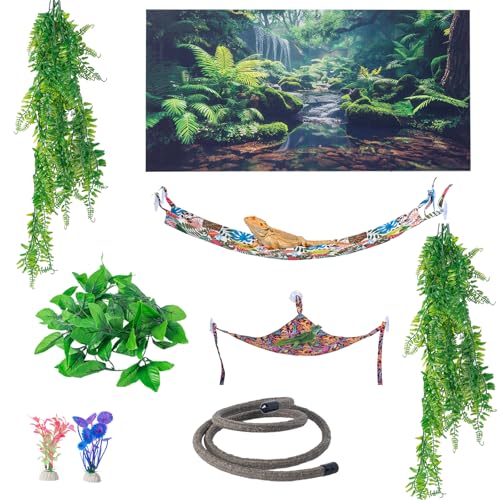 COMSUN 9 PCS Bearded Dragon Tank Accessories Plastic Reptile Plants Flexible Vine Jungle Climb with Leaves Polyester Bearded Dragon Hammocks Background Decoration for Gecko Chameleon Snake Lizard
