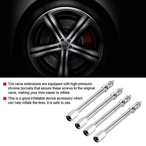 Image of Tyre Valve Extension, Pack of 4 100mm Chrome Tyre Valve Extension Rod Wheel Adapter Car Tyre Valve Stem Extenders Replacement for Car Bus Truck Lorry Wheel