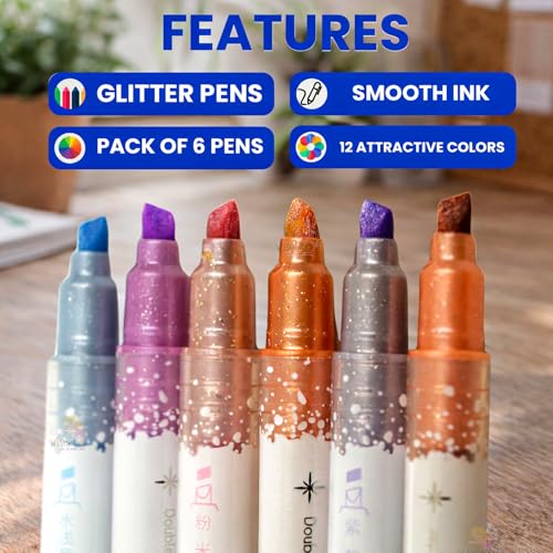 Image of WISHKEY Double-Head Glitter Marker Pens, Shining Non-Toxic Ink, Quick Drying Shimmery Colorful Highlighter Pens for Multipurpose, Stationery Items for Kids and Adults, 8+ Years (Pack of 6, Multicolor)