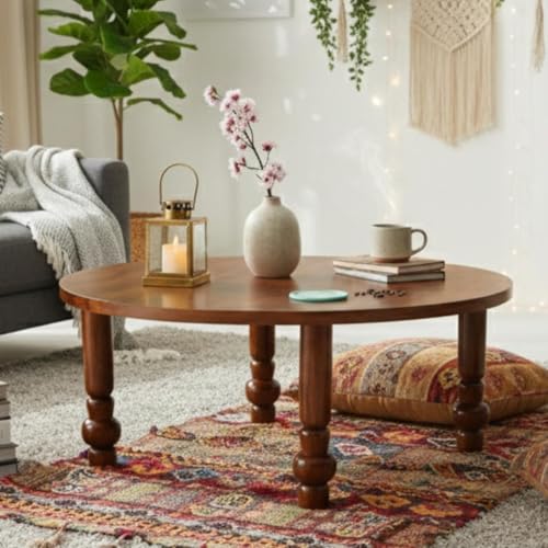 Image of Solid Sheesham Wood Round Coffee Table | Wooden Center Table for Living Room | Classic Tea Table with Turned Legs | Decorative Sofa Table for Lounge Area | Stylish Accent Furniture | Brown