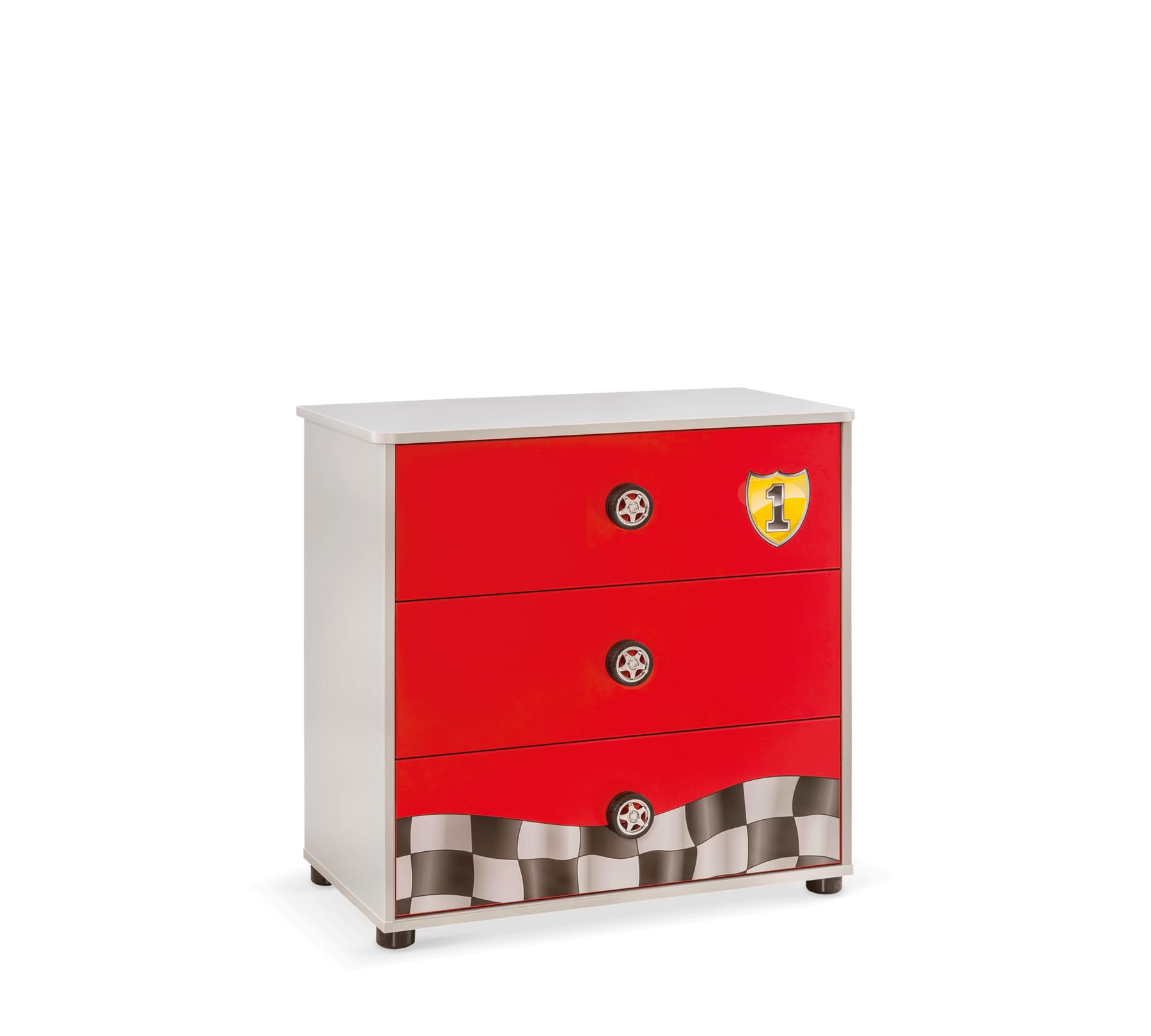 Donne's Home Cilek Racecup - Cajonera para dormitorio infantil, 3 cajones espaciosos con organizador interno en el cajón superior, asas con ruedas tema carreras, acabado melamina, 76 x 42 x 74 cm