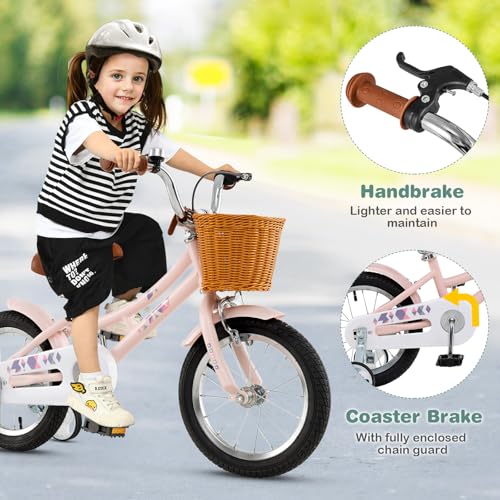 Image of BABY JOY Retro Kids Bike, 12 14 16 18 Inch Child Bike for 3-8 Years Old w /Rattan Basket, Adjustable Height, Training Wheels, Fenders, Handbrake Coaster Brake, 95% Pre-Assembled Kids Bicycle for Girls