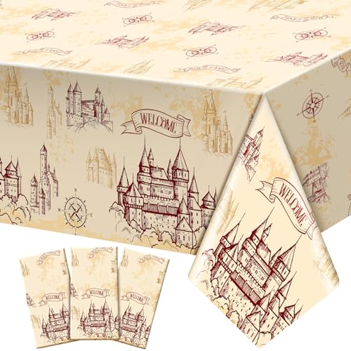 WovWeave 3 Pcs Magical Wizard Tablecloth Decorations Wizard Birthday Party Supplies Plastic Table Cloth Disposable Vintage Castle Decor for Decoration Halloween Witch Party Supplies