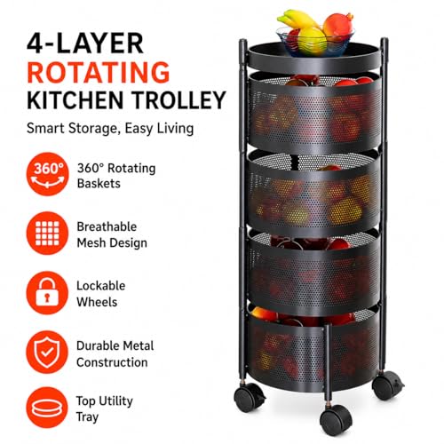 Image of Homeor 4 Layer Kitchen Trolley with Wheels | 360 Rotating Metal Storage Rack for Vegetables, Fruits, Onion & Spices | Square Multipurpose Kitchen Organizer Stand | Metal Kitchen Trolley, Matte Black