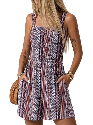 Image of Lepunuo Womens Rompers for Summer Casual Smocked Jumpers Overalls Square Neck Jumpsuits with Pockets Beach Vacation