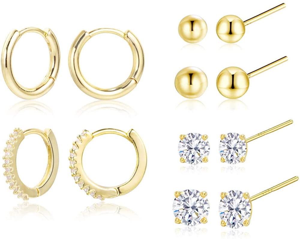 TomovelyEarring Sets for Multiple Piercing | 14K Gold Plated Studs Earrings and Hoops Set Hypoallergenic Small Hoop CZ Ball Studs Earrings for Women Girls（6 Pairs）
