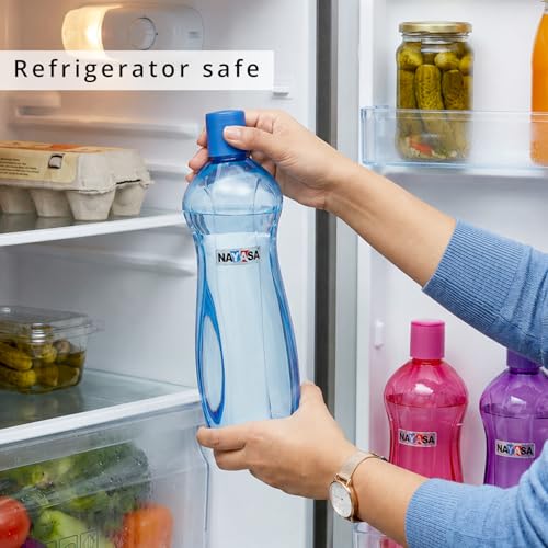 Image of Nayasa Loopy 1000 ML Pet Plastic Fridge Water Bottles Set of 6 | BPA Free | Leak Proof | Airtight Lid | Blue