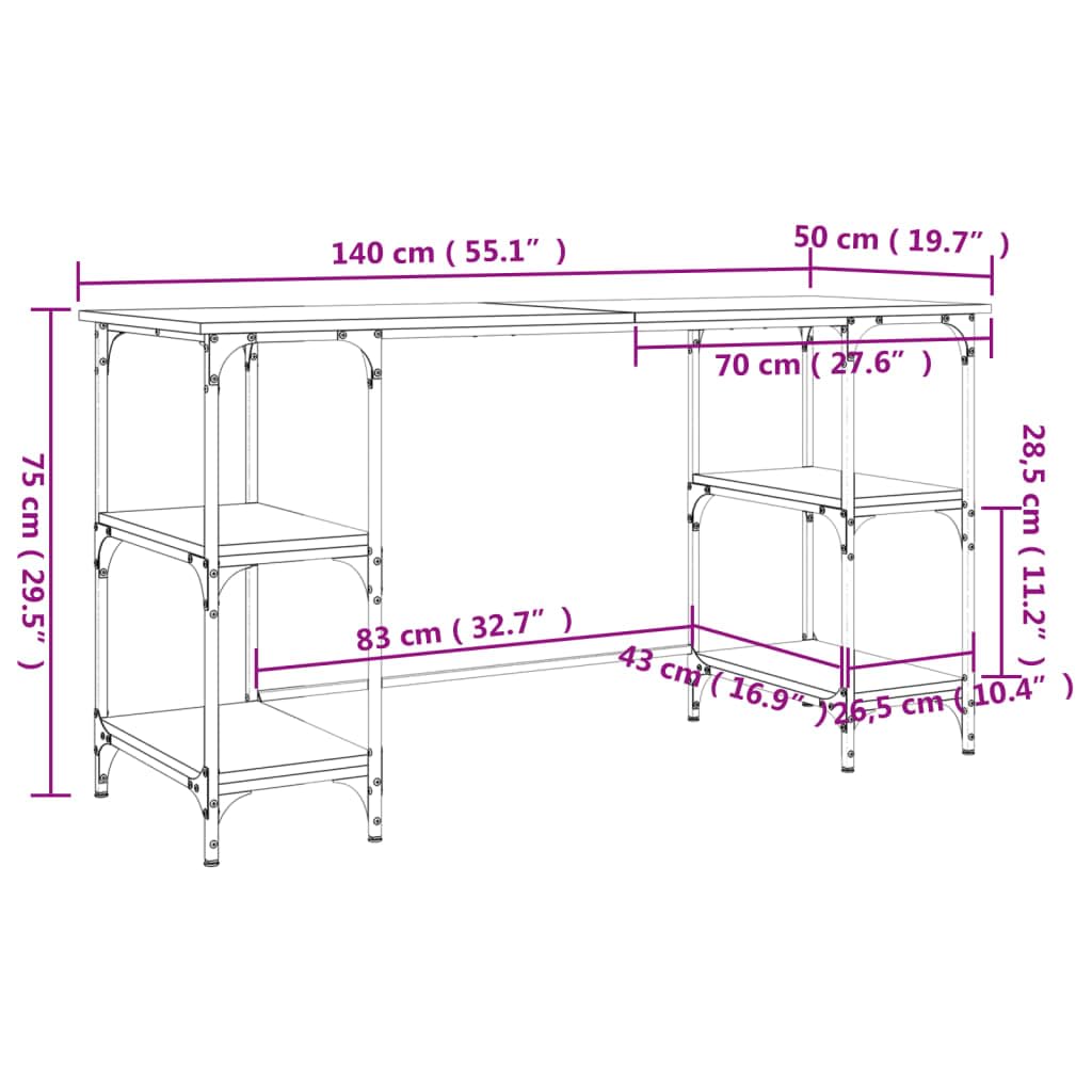 Escritorio negro 140 x 50 x 75 cm de metal y madera con patas ajustables, amplia superficie de trabajo, estantes flexibles para PC, portátil, oficina y oficina en casa