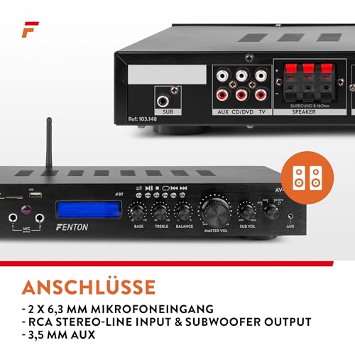 Fenton AV-150BT - HiFi Verstärker 380 Watt, 5.1 AV Receiver mit Bluetooth, FM-Radio, MP3, SD- und...