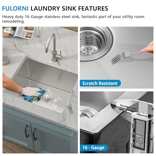 Image of 21 Undermount Laundry Sink - Fulorni 21 inchx18 inch Laundry Room Utility Tub Sink Under Counter 16 Gauge 304 Stainless Steel 12 Inch Deep Single Bowl Basin