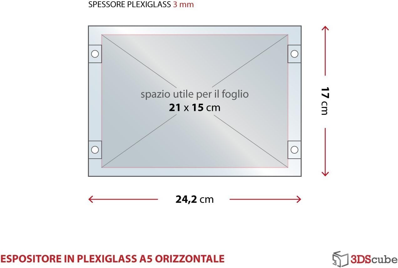 n.2 PEZZI Espositore in plexiglass da parete a tasca apribile, porta avvisi e depliant formato A5 orizzontale 21x15 cm, con distanziali in alluminio spazzolato, per annunci, locandine, orari negozi