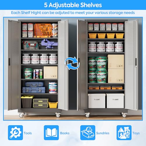 Image of Aobabo Upgrade 71H''*34''W*18''D Metal Garage Storage Cabinet with Wheels and Pegboards, 5 Adjustable Shelves Steel Storage Cabinets for Home,Warehouse,Garage,Assembly Required,Black Gray