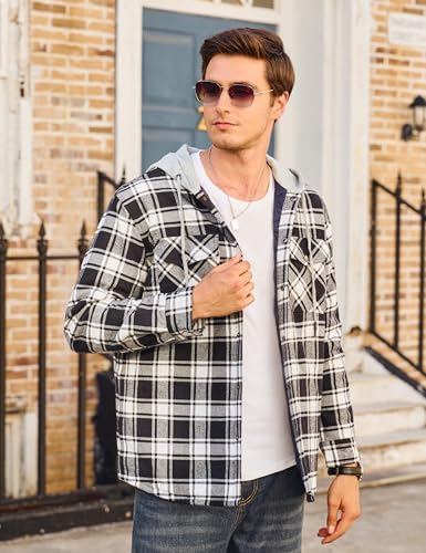 Cotrasen Mens Flannel Shirt Jacket Hooded Quilted Lined Warm Cotton Long Sleeve Plaid Shirt Jackets Button Shacket4