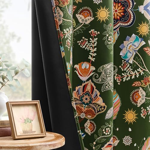 Image of XiDi Vintage Floral Blackout Curtains 54 Inches Long 2 Panels Dark Green | Luxury Botanical Room Darkening Curtains Mid Century Whimsical Patterned Art Deco Window Drapes for Living Room Bedroom 52x54