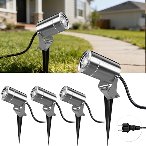 JNR Lampada da Giardino in Acciaio Inox LED Faretto da Esterno Impermeabile IP65, Illuminazione da Giardino con Corrente 5W GU10 3000K Luce Bianca Calda, Cavo da 2m con Spina per Illuminazione da
