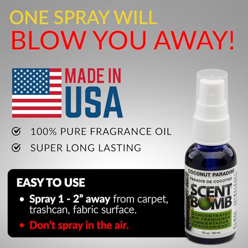 Image of Scent Bomb Air Freshener Spray, Long-Lasting Odor Eliminator - Effective Deodorizer for Home & Car, Fresh Room Spray for Kitchen, Bathroom & Smell Neutralizer - 1 oz Pack of 4, Coconut Paradise